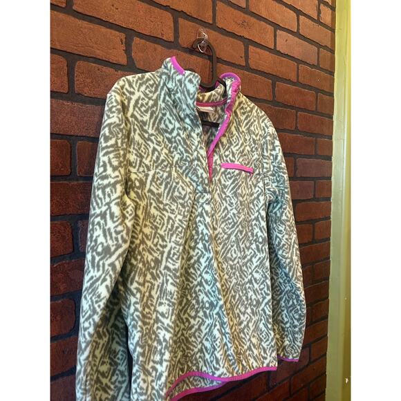Columbia Green Patterned Fleece Pullover Jacket Small Snap Neck Zip Pocket Soft - Picture 11 of 12